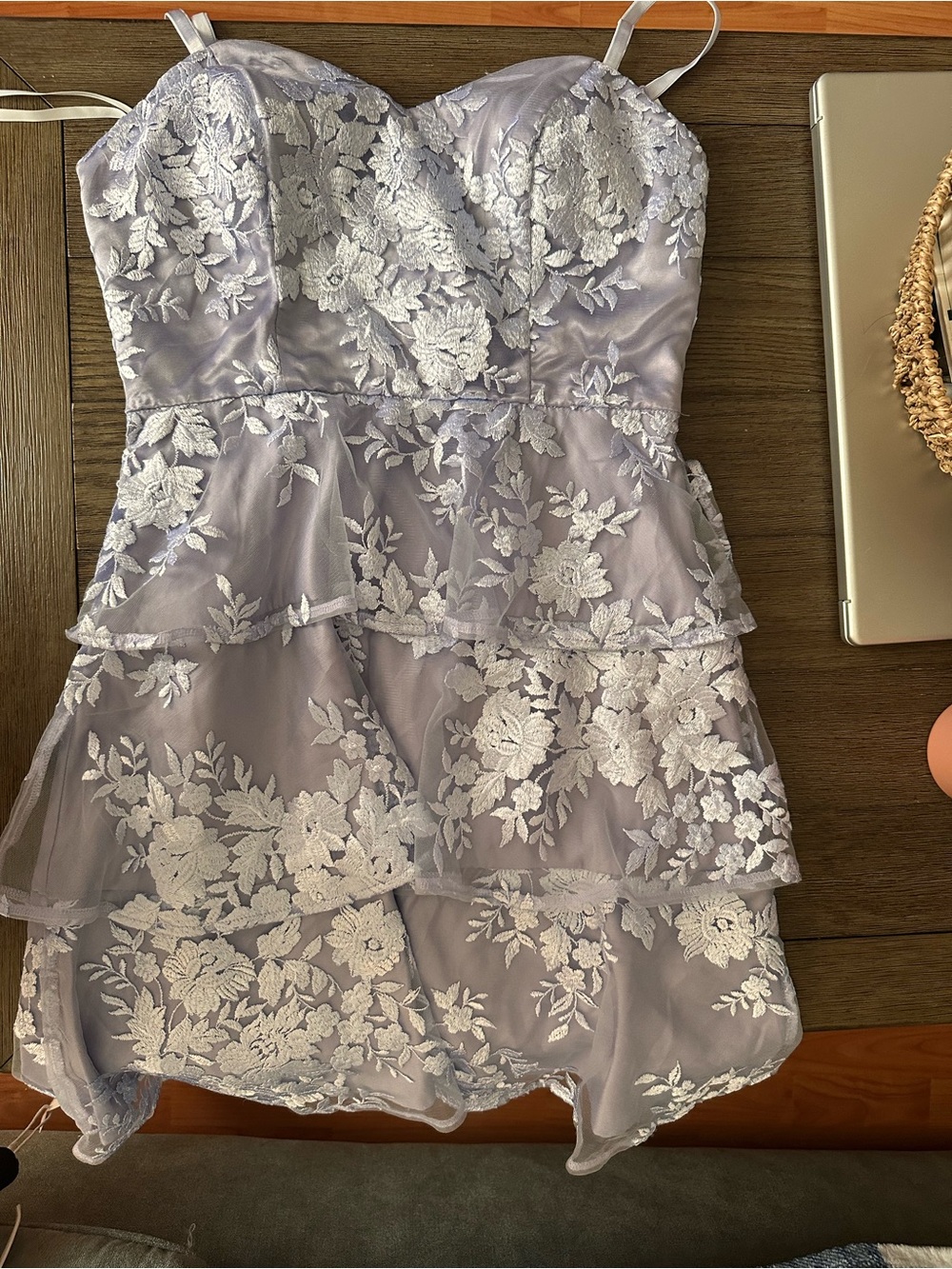 BCX Lavender Lace Tiered Spaghetti-Strap Formal Dress